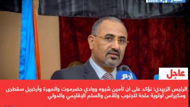 صورة الرئيس الزبيدي: نؤكد على ان تأمين شبوه ووادي حضرموت والمهرة وأرخبيل سقطرى ومكيراس أولوية ملحة للجنوب وللأمن والسلم الإقليمي والدولي