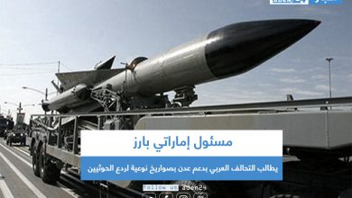 صورة مسئول إماراتي بارز يطالب التحالف العربي بدعم عدن بصواريخ نوعية لردع الحوثيين