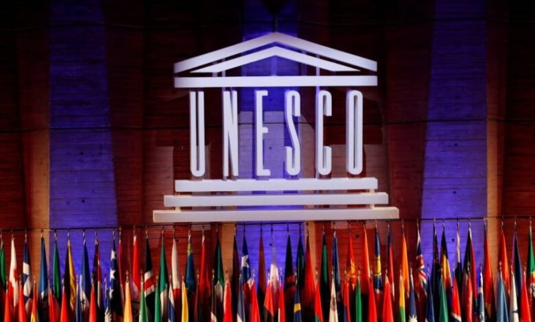 file photo: the unesco logo is seen during the opening of the 39th session of the general conference of the unesco at their headquarters in paris